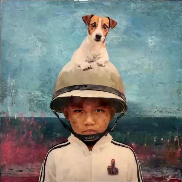 Laika Lives di Ferruccio Ferrari, dal ciclo Kidz: bambino con elmetto e cane su fondo azzurro